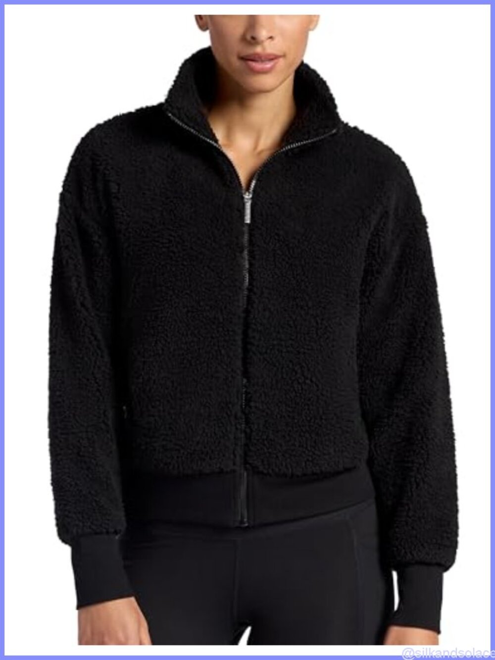 Sherpa Fleece Cropped Jacket Full Zip Ribbed Hems Long Sleeve Active Layer